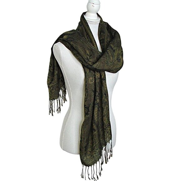Large Jerusalem 100% Cashmere Scarf Shawl 68x27" Black Gold Fringe Ends Elegant - Picture 3 of 12